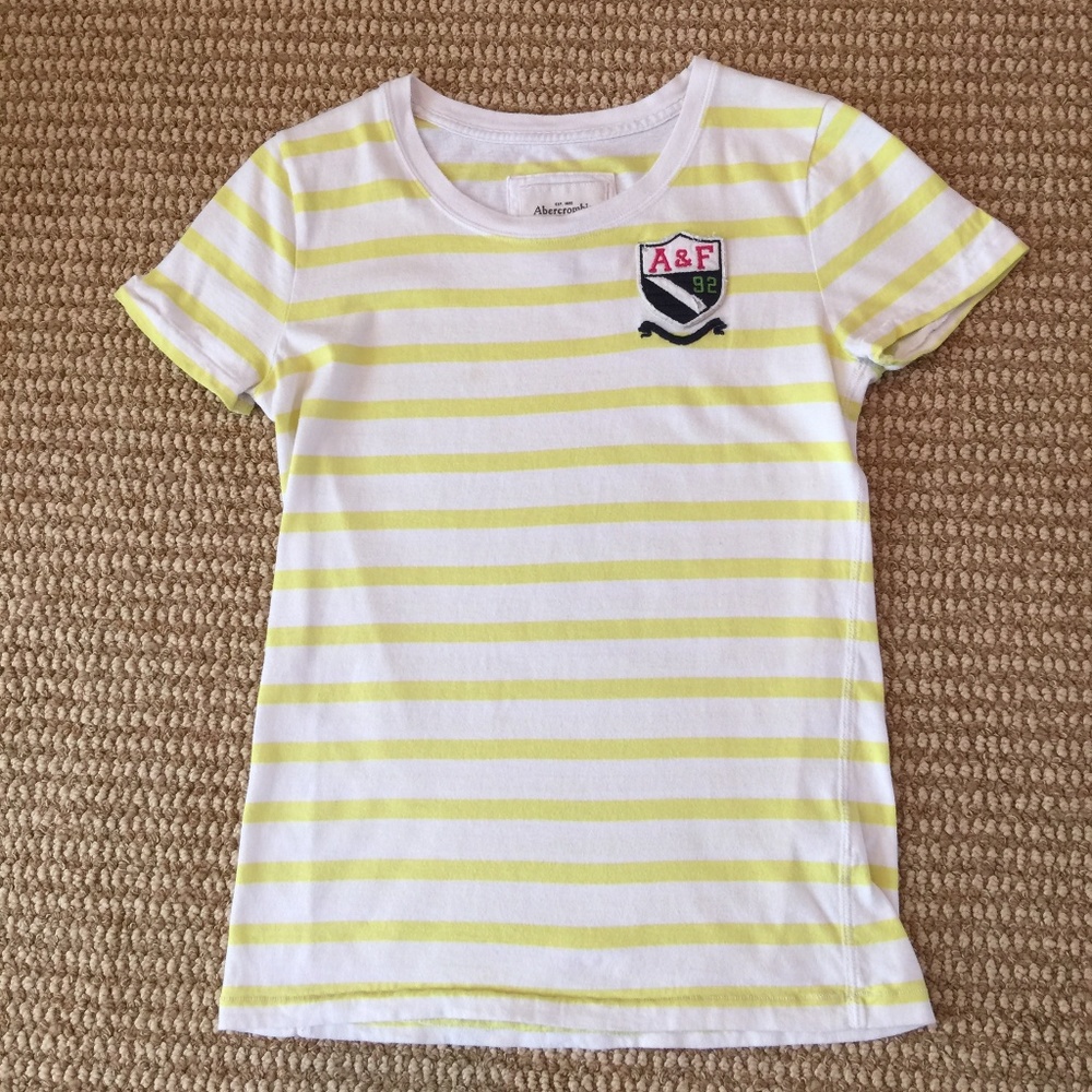 Abercrombie & Fitch White and Yellow Striped Crewneck Tee